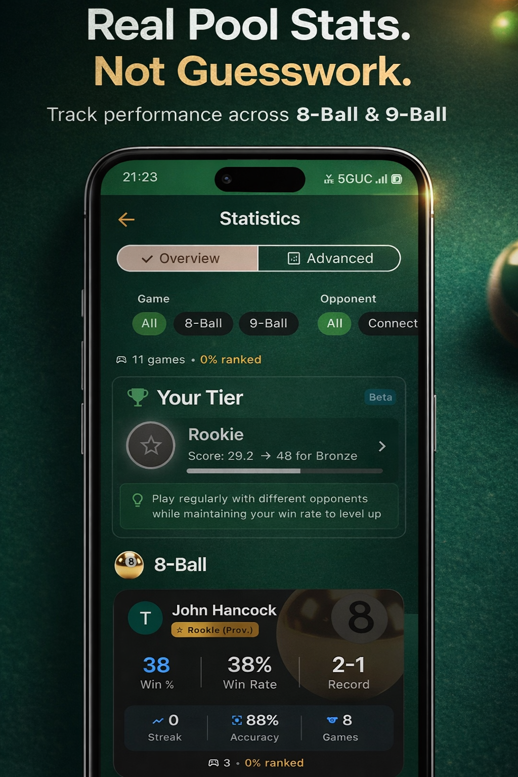 The Green Felt Club statistics screen showing overview and advanced views, 8-ball and 9-ball records, win rate, head-to-head history on iPhone.