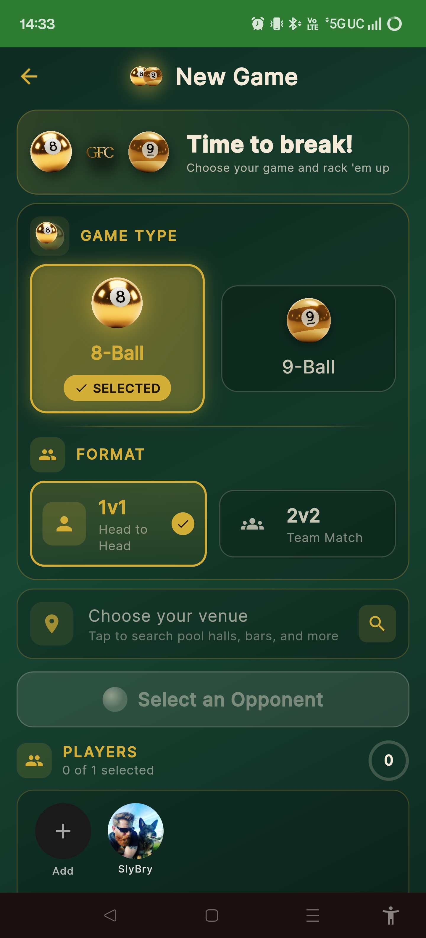 New game setup screen in The Green Felt Club app